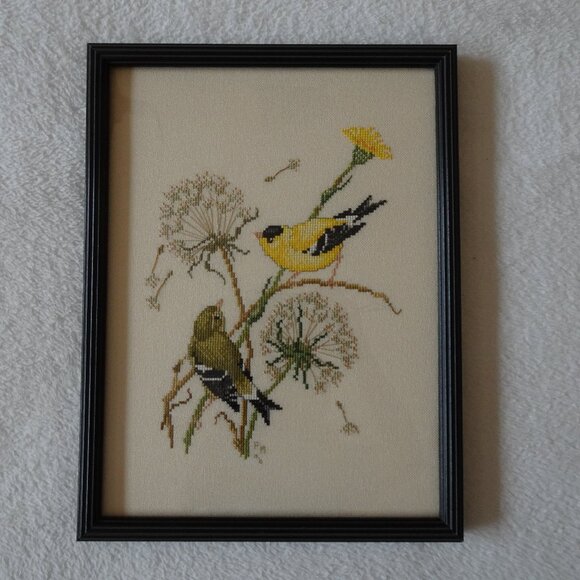 Vintage Framed Bird Embroidery Cross Stitch Canary Design 10"x13" Yellow Green - Picture 1 of 10